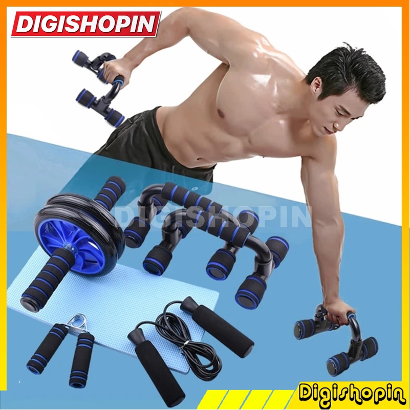 Set Alat Gym Fitness Roller PushUp Bar Jump Rope 5 in 1 Set Latihan Di rumah Home Workout GYM SET