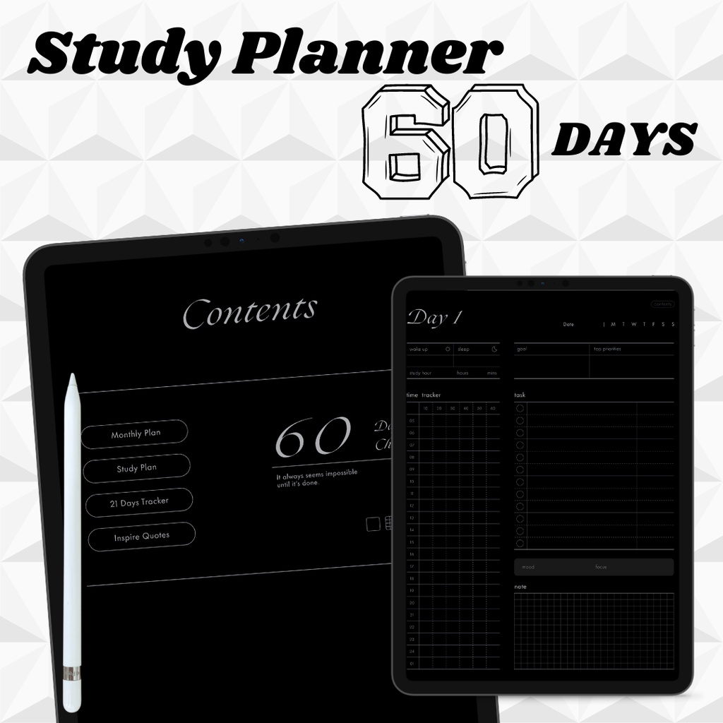 Study Planner Digital dark mode for Goodnotes Notability --- Study Planner 60 days