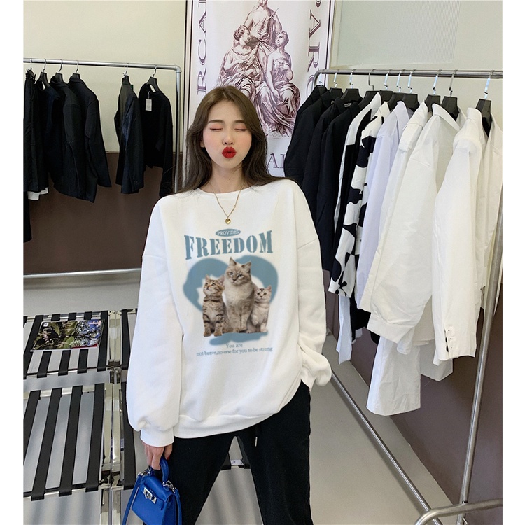 XIAOZHAINV Korean Style Style Blue Alphabet Pattern Lengan Panjang Baju Sweater Wanita