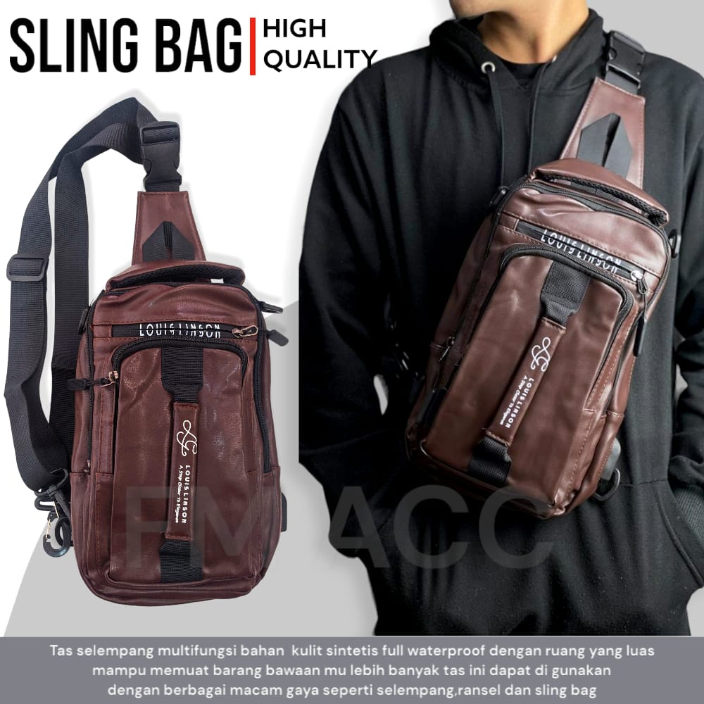 Tas Selempang Pria Kulit Sintesis Include USB Charge Sport Sling Bag Waterproof Multifungsi