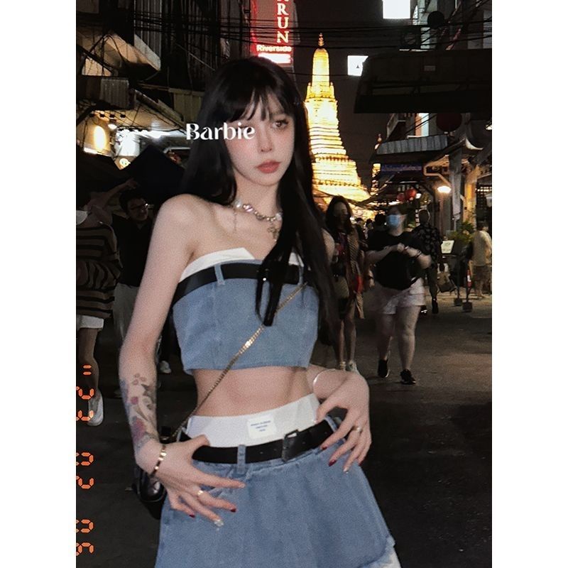 Red Bibi Barbie rok denim hot girl setelan wanita goreng jalan musim semi memakai baru tabung top rompi lipit rok rok