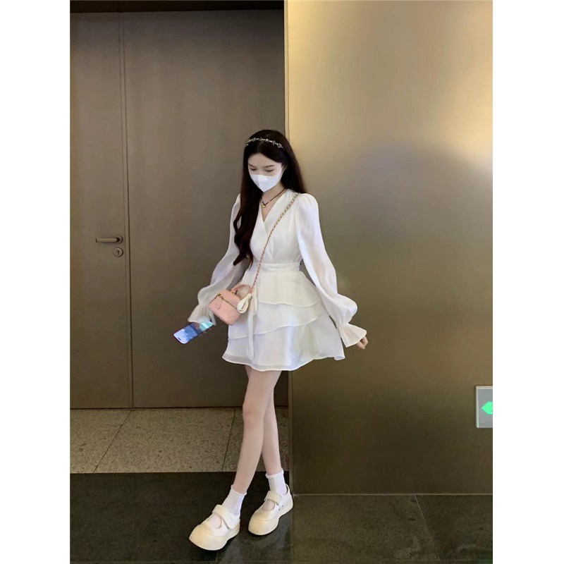 Red Kumikumi French white long-sleeve dress 2023 spring new high-quality small first love skirt girl