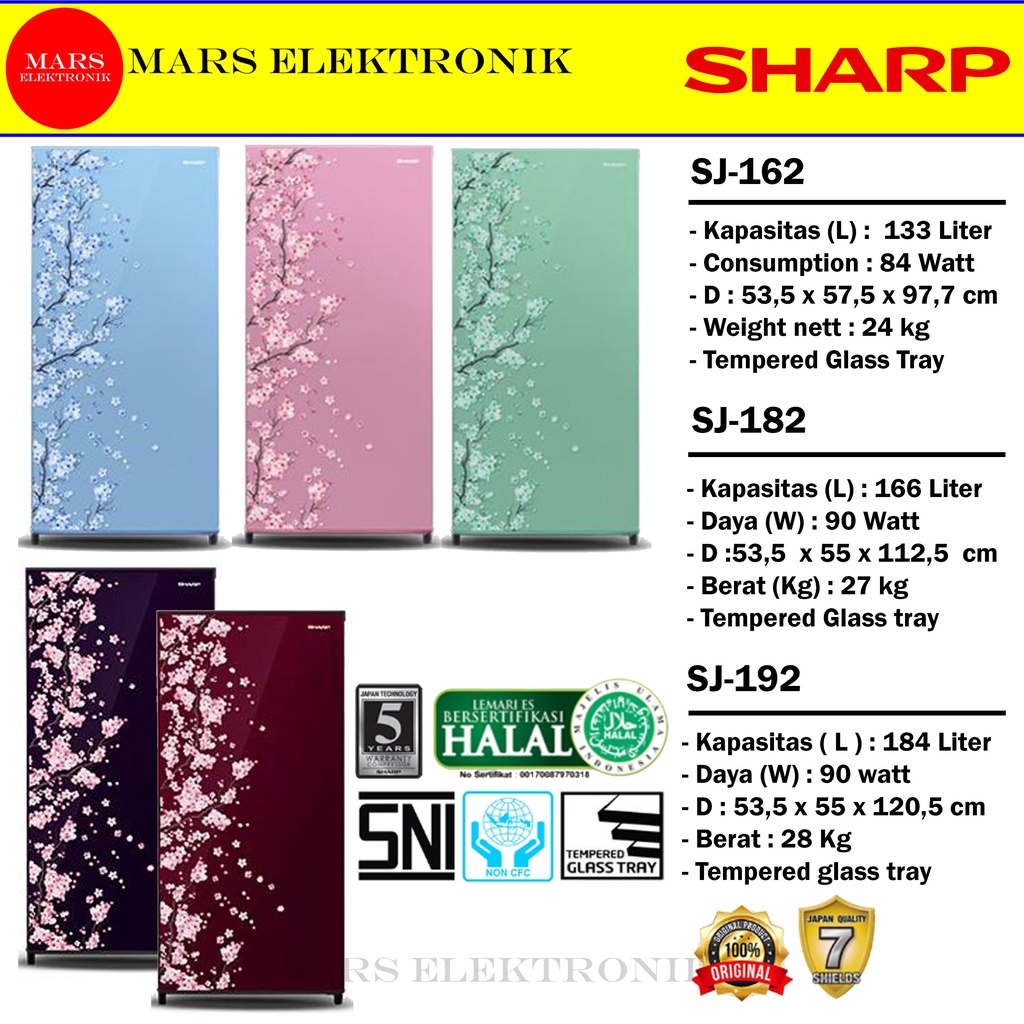 SHARP KULKAS 1 PINTU SJ-N162D /  SJ-N182D / SJ-N192D /  VB/VR / 133L -  166L - 184L - SJ N 162 D / S