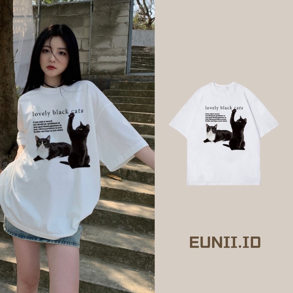 EUNII T-shirt Lengan Pendek Retro Black Cats Korean Style/Kaos Atasan Wanita/Baju Kaus Oversize Wanita/Kaos Wanita