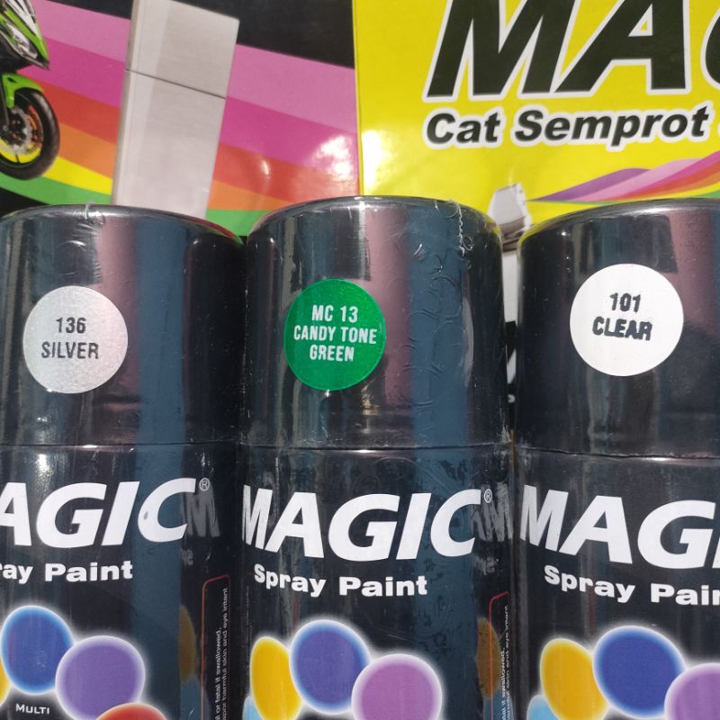 Pilok Pilox Cat Semprot Magic Paket Lengkap 3 Kaleng 300cc Paketan Hijau Candi Candy Green MC 13 Silver 136 Clear Pernis Glossy Mengkilap 101 Spray Paint