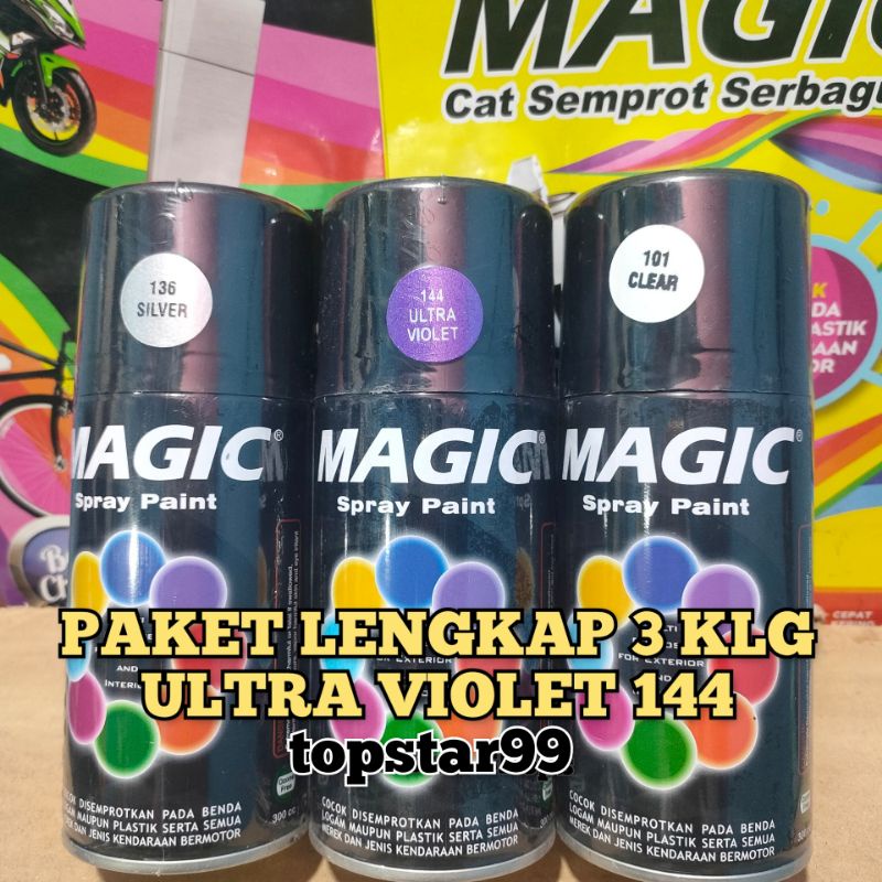 Pilok Pilox Cat Semprot Magic Paket Lengkap 3 Kaleng 300cc Paketan Ungu Metalic Metalik Ultra Violet 144 Silver 136 Clear Pernis Glossy Mengkilap 101 Spray Paint