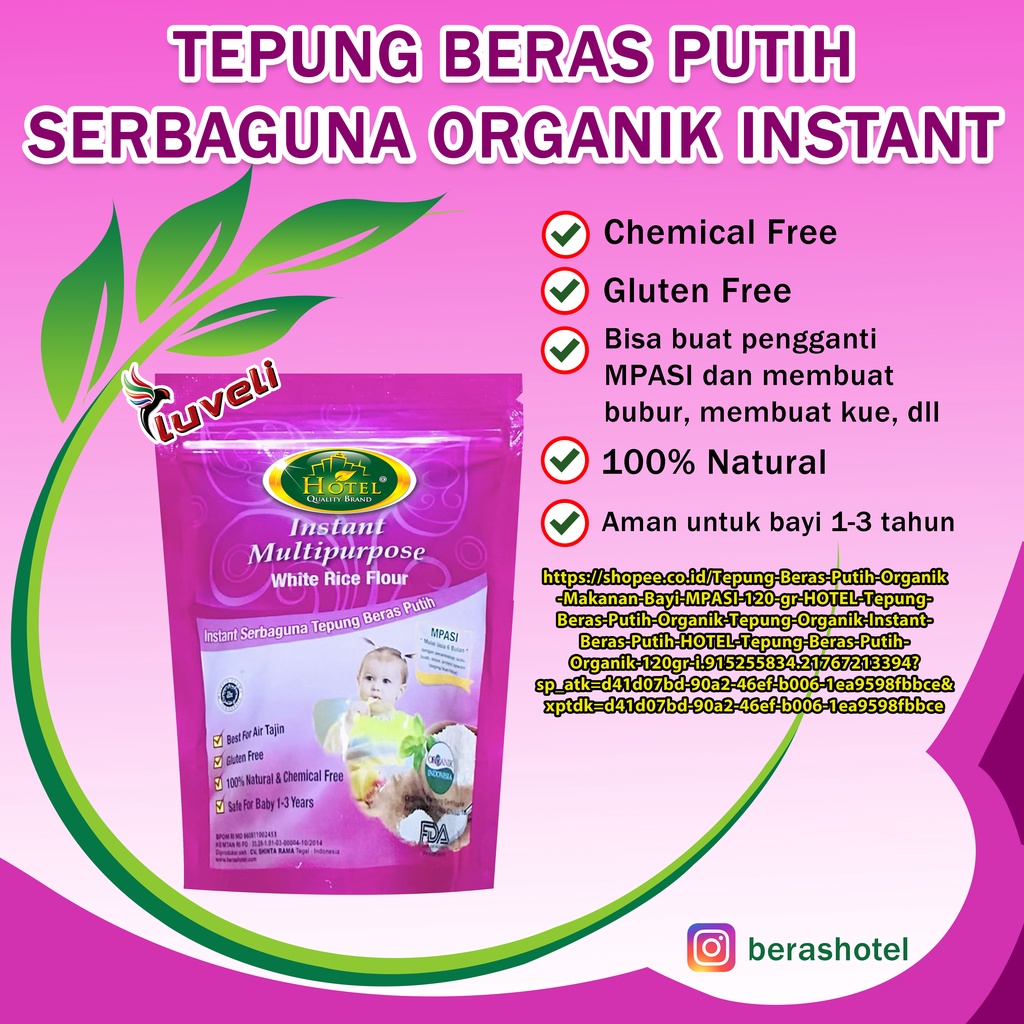 

Tepung Beras Putih Organik Makanan Bayi MPASI 120 gr HOTEL - Tepung Beras Putih Organik - Tepung Organik Instant Beras Putih - HOTEL Tepung Beras Putih Organik 120gr