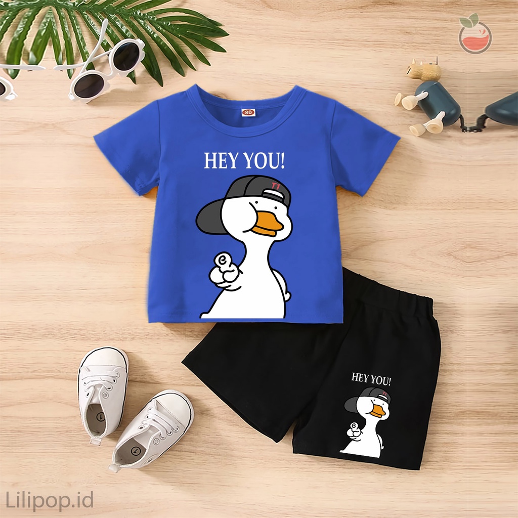 Baju Anak Stelan Kaos 3/4  DUCK CUTE Cowok Cewek  Usia 1 - 4 Tahun Celana Pendek Harian