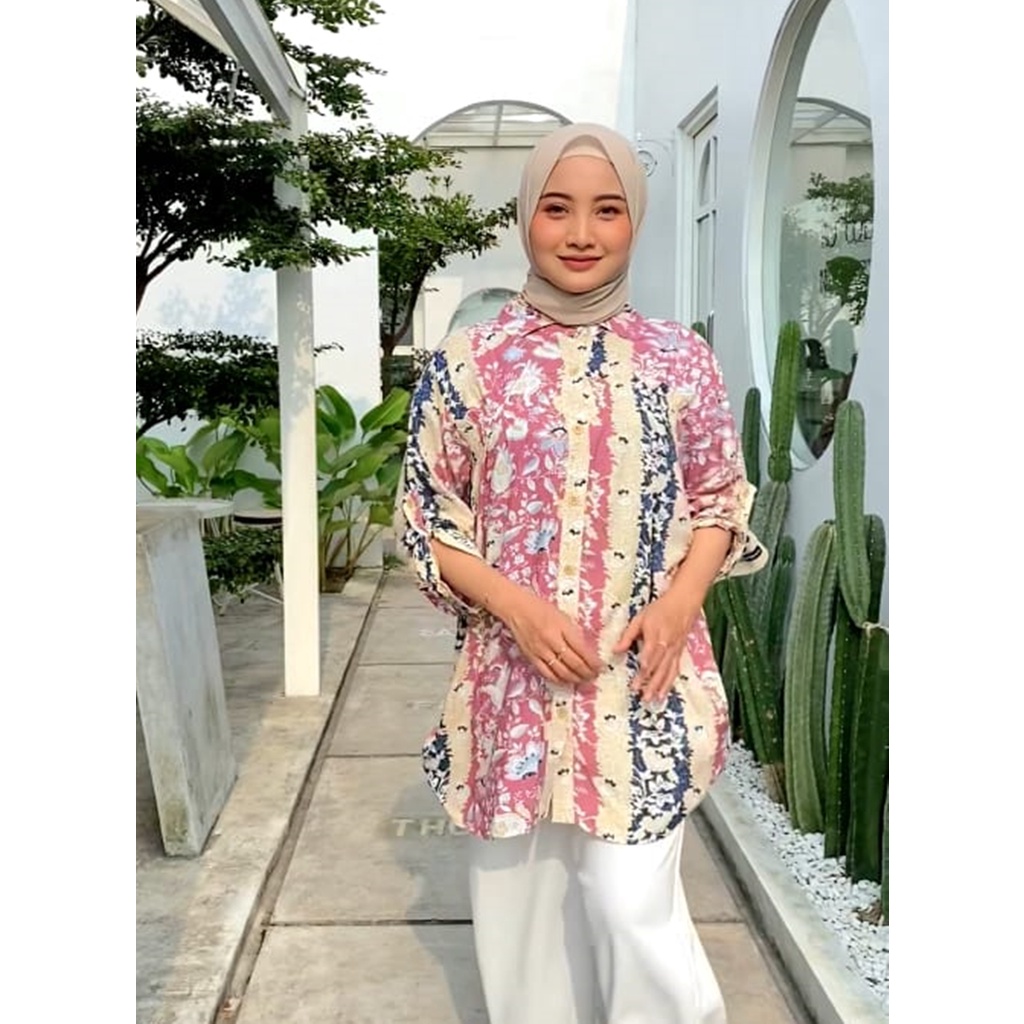 Kemeja Wanita Oversize Kerut Dada Rayon Adem Busui Salem