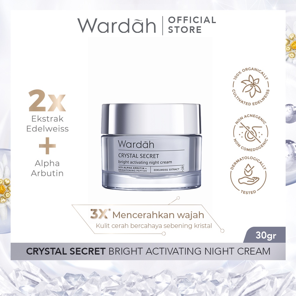 WARDAH Crystal Secret Bright Activating Night Cream Indonesia / Pelembab Wajah 9ml 15ml 30g / With Alpha Arbutin + Brightening Peptide Edelweiss Extract / Moisturizes &amp; Nourishes For Crystal Bright Skin / Skincare Face Care Series / Pagi Malam Day Krim