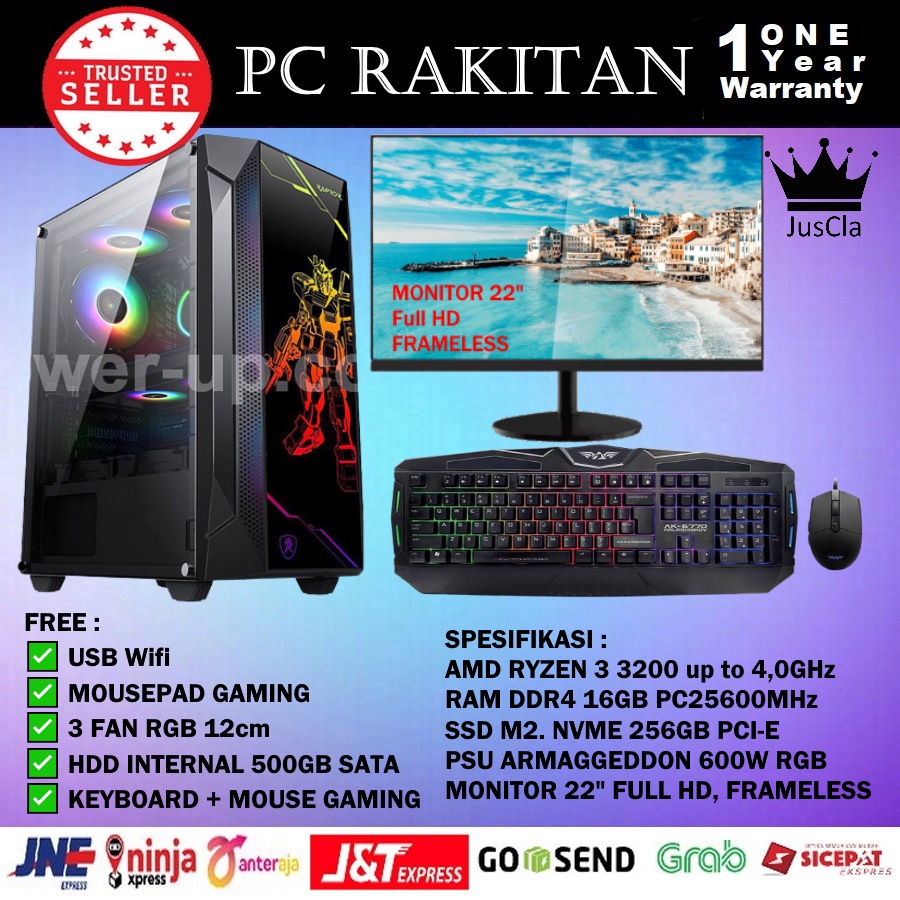 MONITOR 22&quot;+AMD RYZEN 3 3200G PC KOMPUTER GAMING 4,0GHz|RAM16GB|NVME 256GB|VGA GTX 1650 4GB|HDD 500GB|KEY+MOUSE|USB WIFI