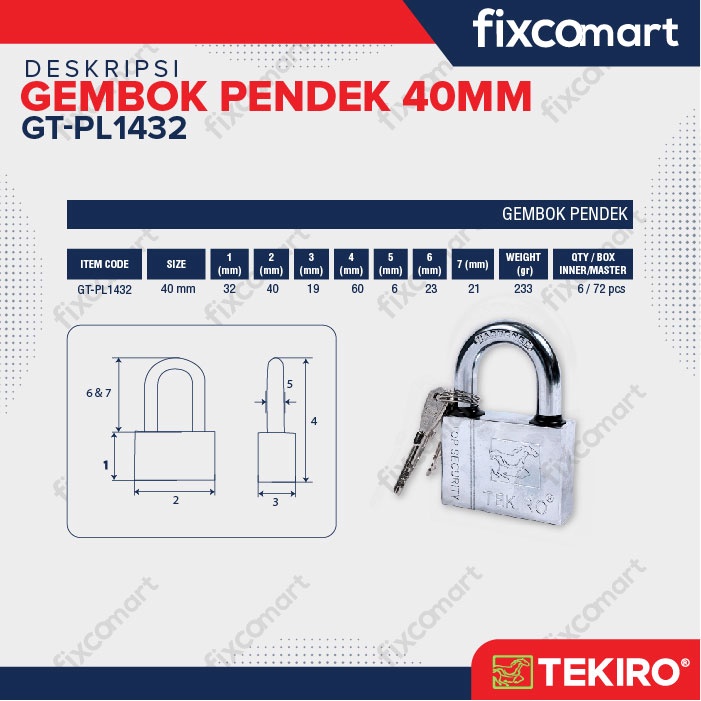 Tekiro Gembok Leher Pendek 40 Mm / Tekiro Padlock Short