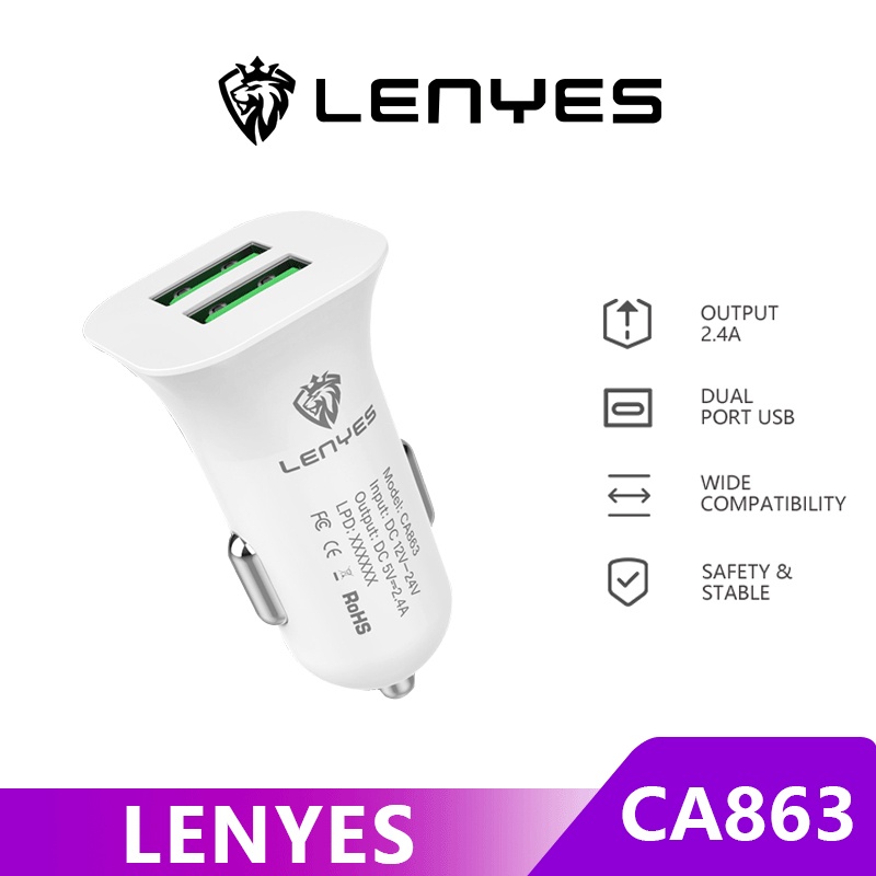 LENYES CA863 Charger Mobil 2.4A 2 USB Mobil Casan HP Adaptor Mobil