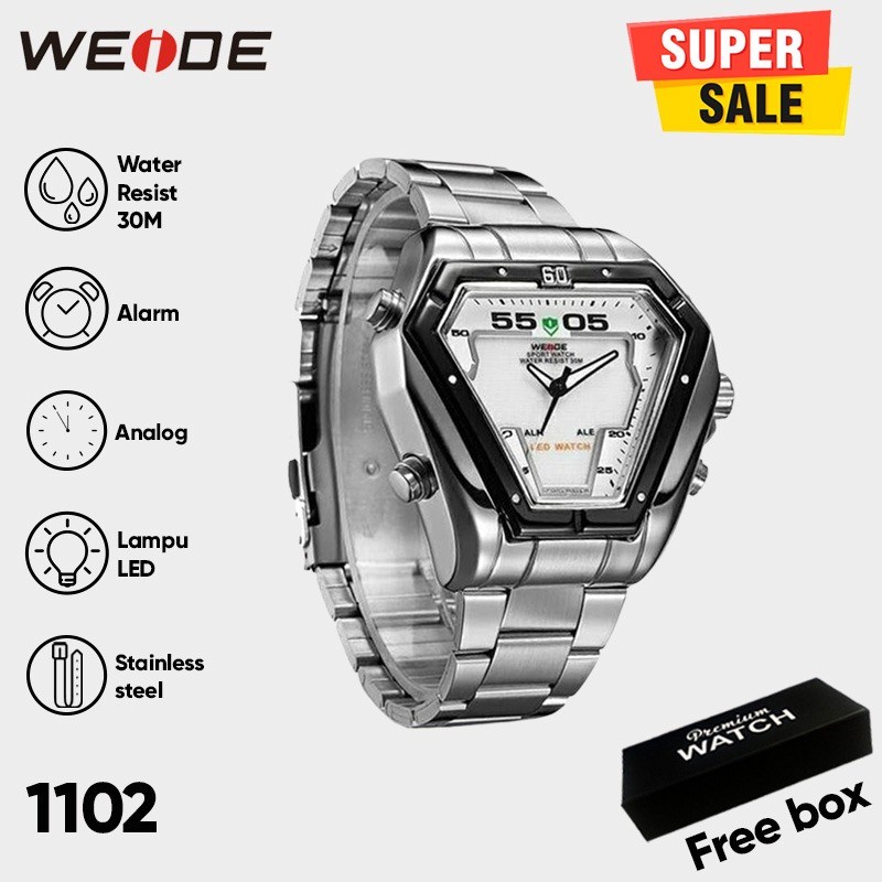 Weide 1102 Jam Tangan Pria Casual Fashion Sport Analog Quartz - Digital Stainless Steel 50 mm - Anti Air 30 M - All Button Active