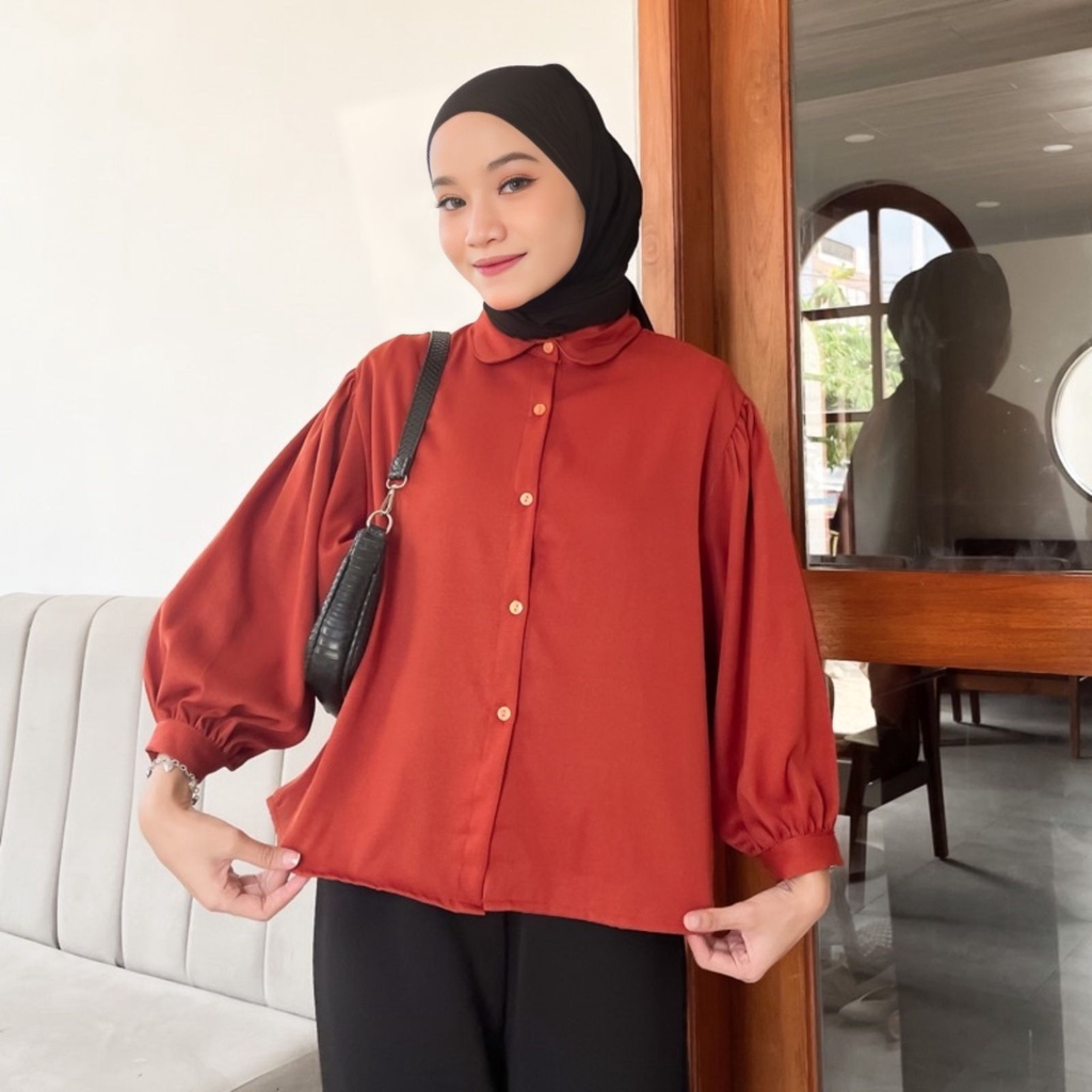 Elze Blouse Polos Shakilla Kemeja Elze Atasan Wanita Shakila Twill Lengan Balon Full Kancing