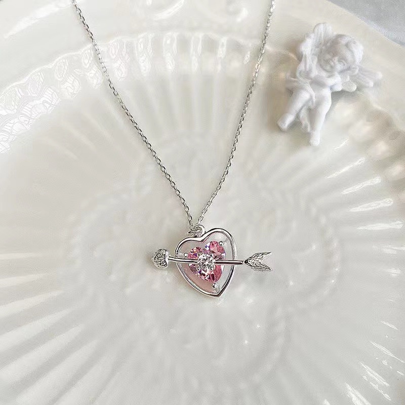 Korea Ins Kalung Rantai Klavikula Bentuk Hati Love Cupid's Arrow Untuk Wanita Set Gelang Desain Pink