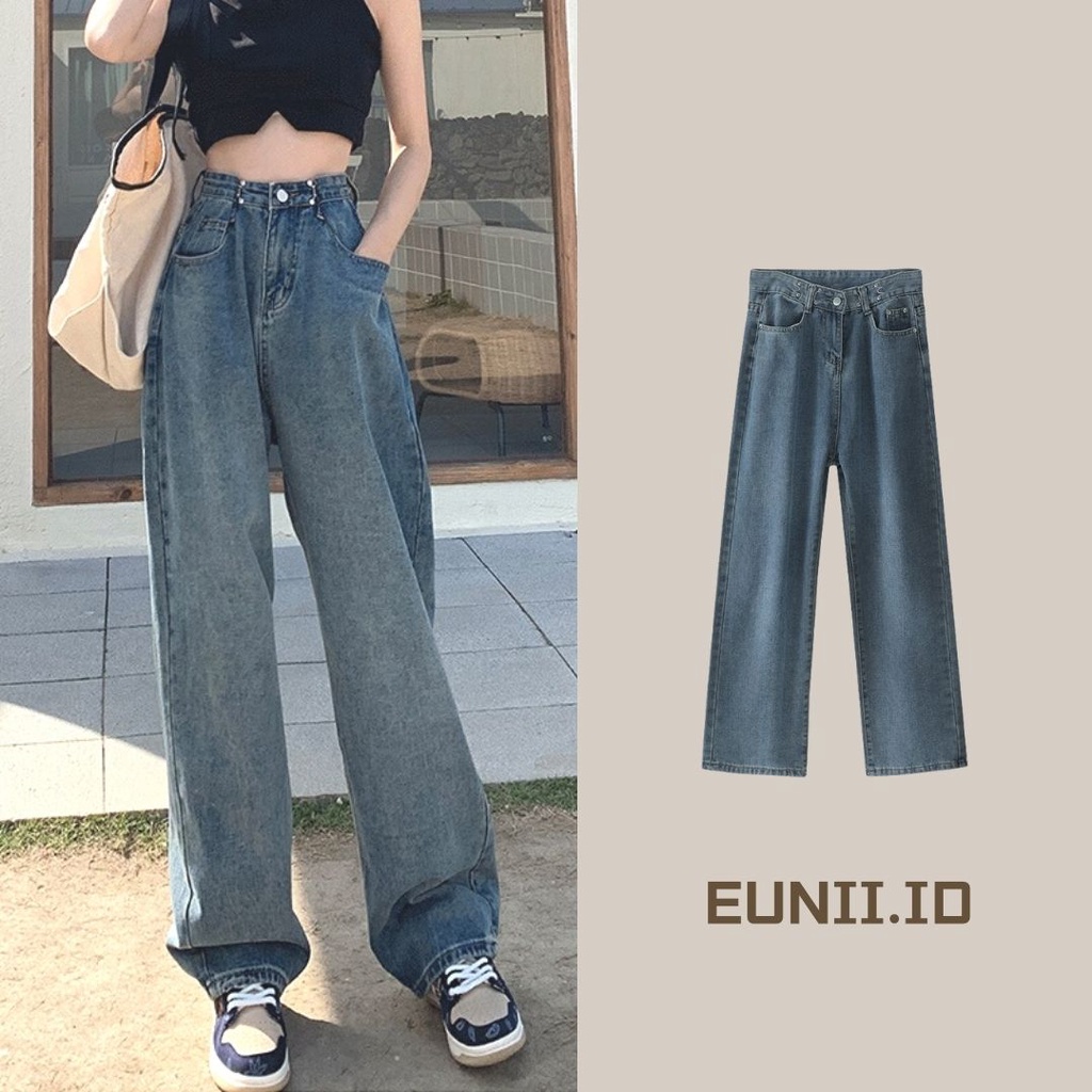 EUNII Celana Jeans Wanita Boyfriend Celana Panjang Jeans Loose High Waist Korean style