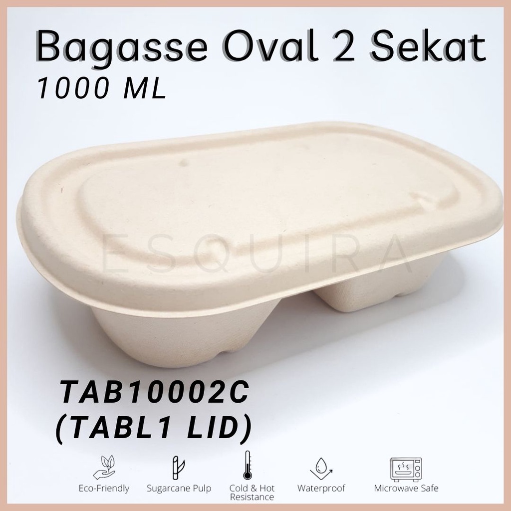 2 Compartement Oval Sugarcane Bagasse 1000 ML / Lunch Box 10 Pcs + Lid / TAB10002C