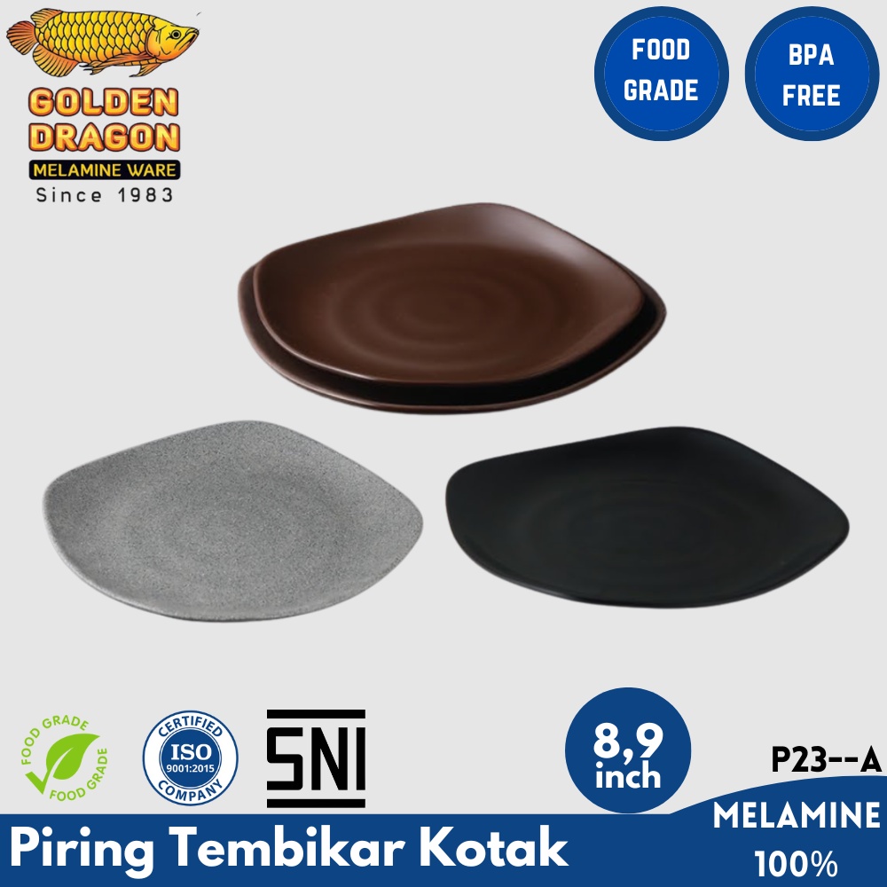 Piring Makan Tembikar Kotak Melamin Motif Batu Golden Dragon Melamine 8 dan 9 inch