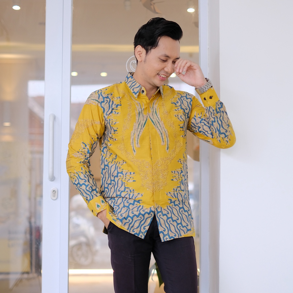 ATASAN PRIA BAJU BATIK LENGAN PANJANG LAPIS FURING KATUN WARNA ELEGAN..PARANG KUNING