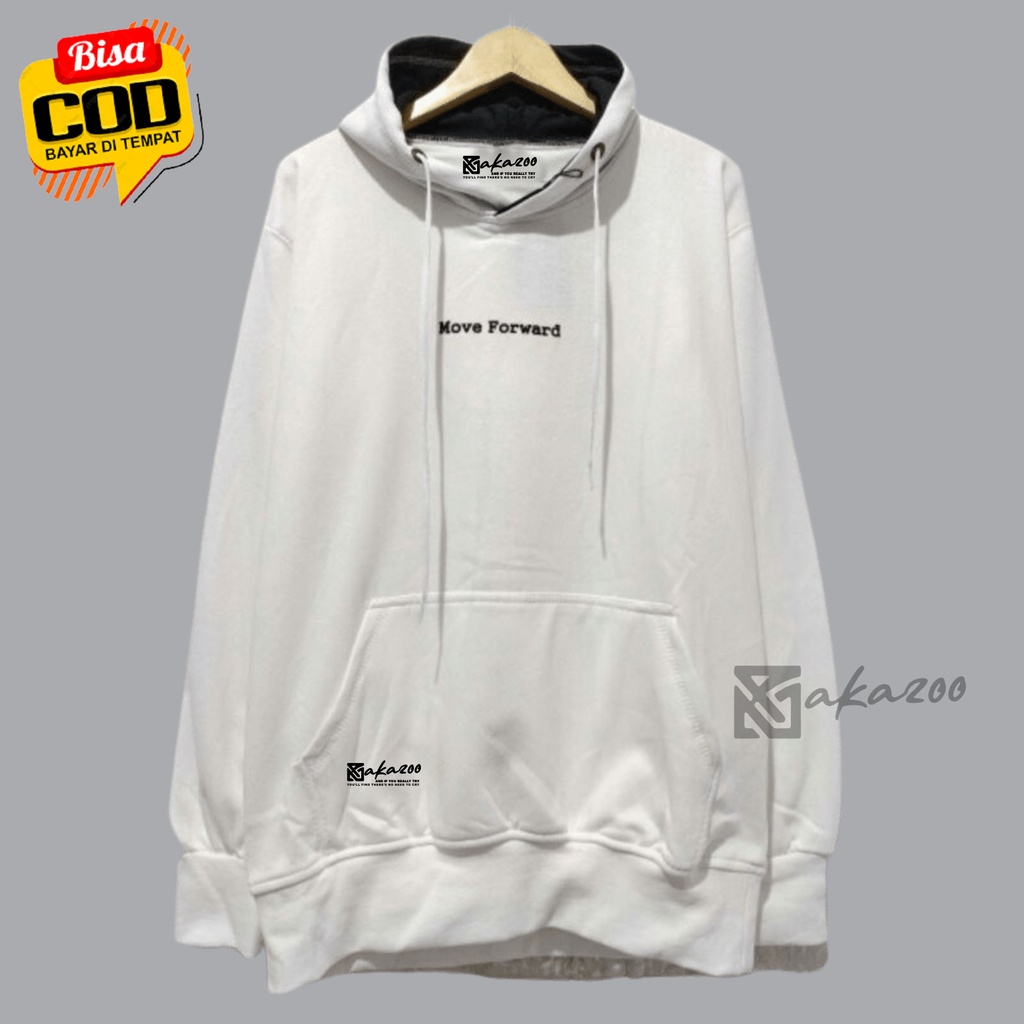 hoodie distro pria original bahan flece Sablon move forward Warna Putih sweater oversize pria xxl ziper hoodie korea style akazoo.id