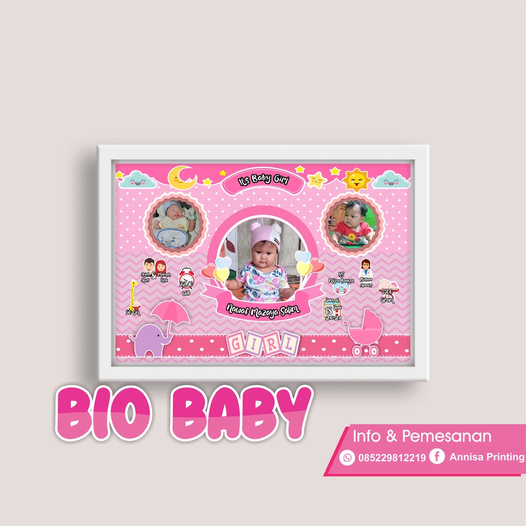 Biodata Bayi / Bio Baby / Nama Bayi 15 R ( 32 X 48 cm ) + Bingkai Murah Pink Unik