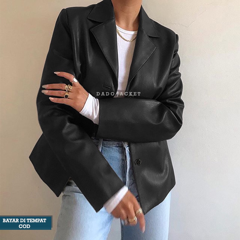 Jaket Kameja Blazer Oversize Women Girls Wanita Casual Bahan Kulit Sintetis Viena Grade A Premium Or