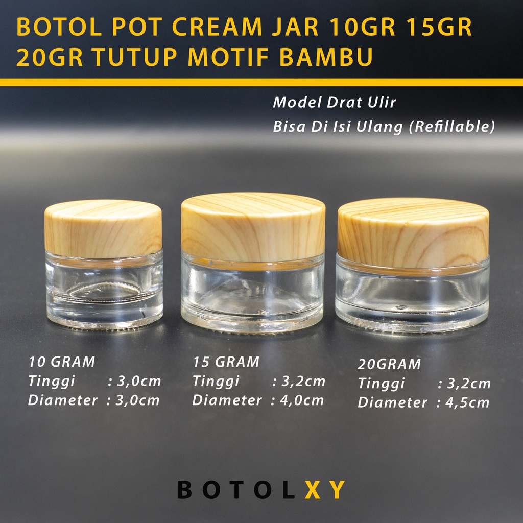 Botol Jar Pot Cream Kaca Bening Tutup PVC Motif Kayu 10gr 15gr 20gr