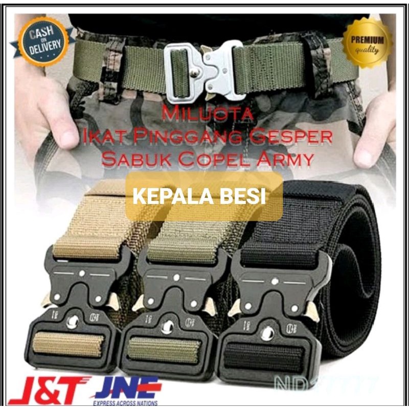 Tali Ikat Pinggang Canvas Military Tactical Kepala Besi 125cm Polos Sabuk Copel Army Gesper Original Terbaru