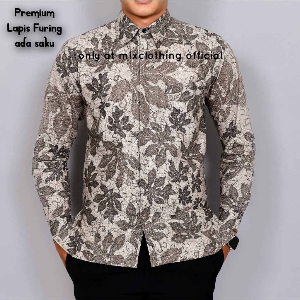 Baju Batik Pria Reguler Kemeja Lengan Panjang Hem Reguler Fit Daun Kaung