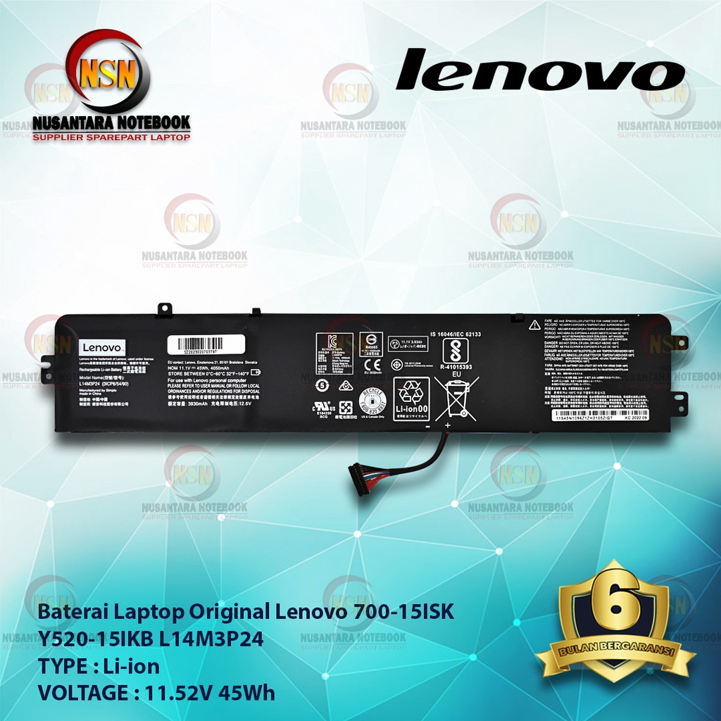 Baterai Laptop Original Lenovo Y520-15IKB L14M3P24 11.52V 45Wh