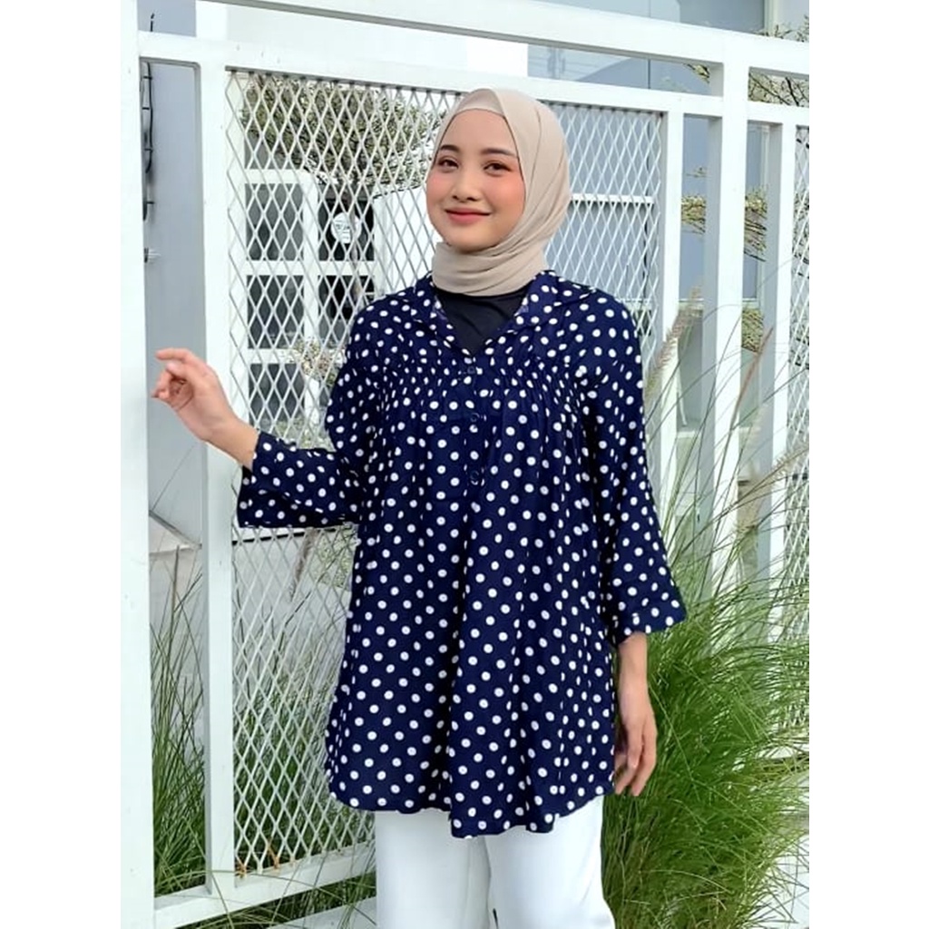 NHM Kemeja Wanita Rayon Oversize, Baju Atasan Jumbo Motif Polka