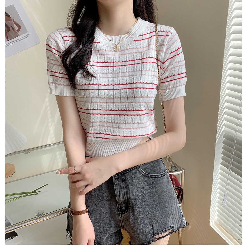 EUNII Korean Style Kaos Rajut Putih T-shirt Lengan Pendek Wanita Knit Baju Atasan