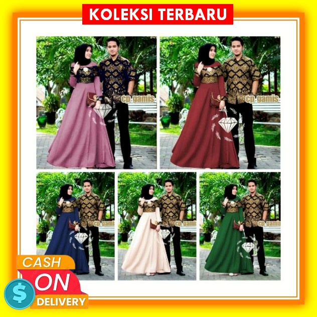 Baju Gamis Couple Suami Istri Terbaru Kemeja Dan Gamis Batik Kombinasi Polos Brokat Remaja Pasangan 