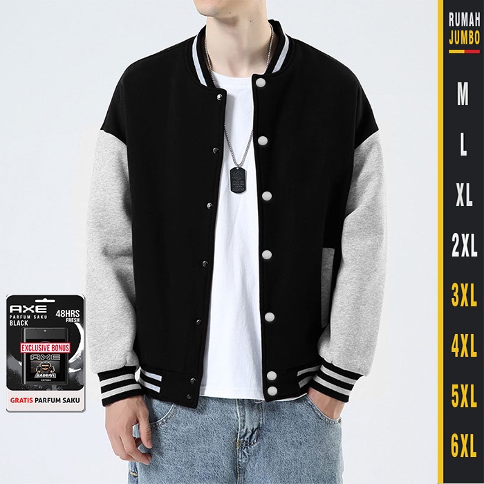 Jaket Bomber Varsity Hitam Grey Oversize  XXL - 6XL Sweater Baseball Pria Wanita Jumbo Big Size