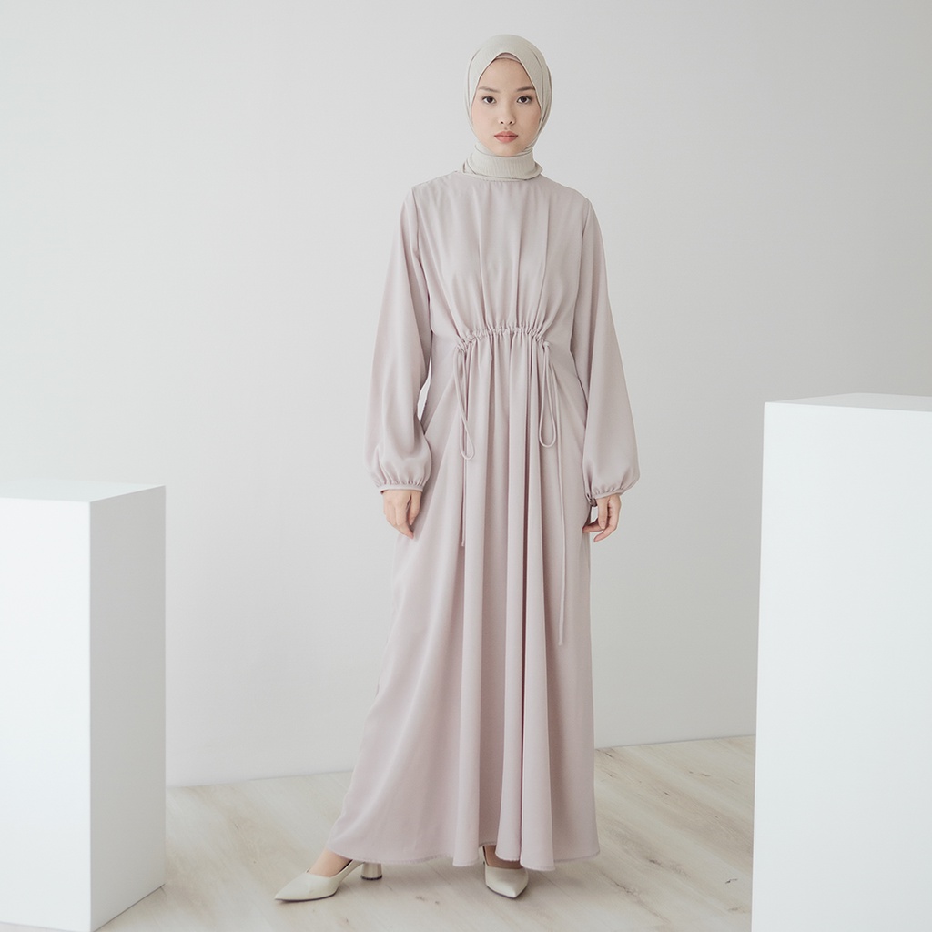 Adara by Aska Label - Gamis dress Muslim wanita kaftan lengan panjang bahan crepe warna hijau sage aloe, abu, beige coklat