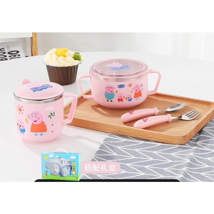 Set Makan Minum Mug Stainless Peppa Pig Hello Kitty Doraemon Premium