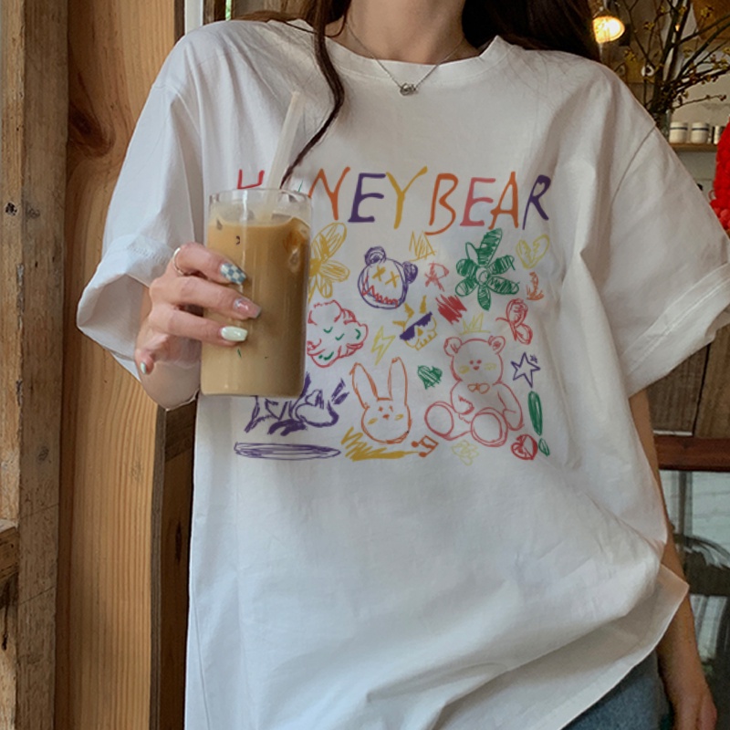 Print T-shirt Kaos Lengan Pendek Cartoon Honey Bear Baju Wanita Oversize Korean Style