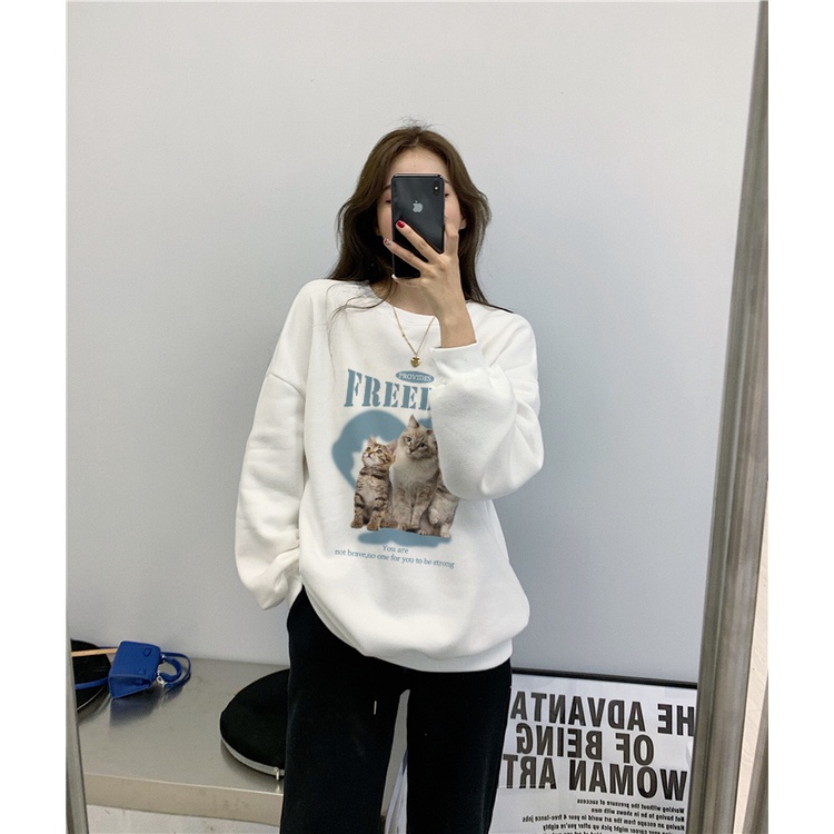 XIAOZHAINV Korean Style Style Blue Alphabet Pattern Lengan Panjang Baju Sweater Wanita