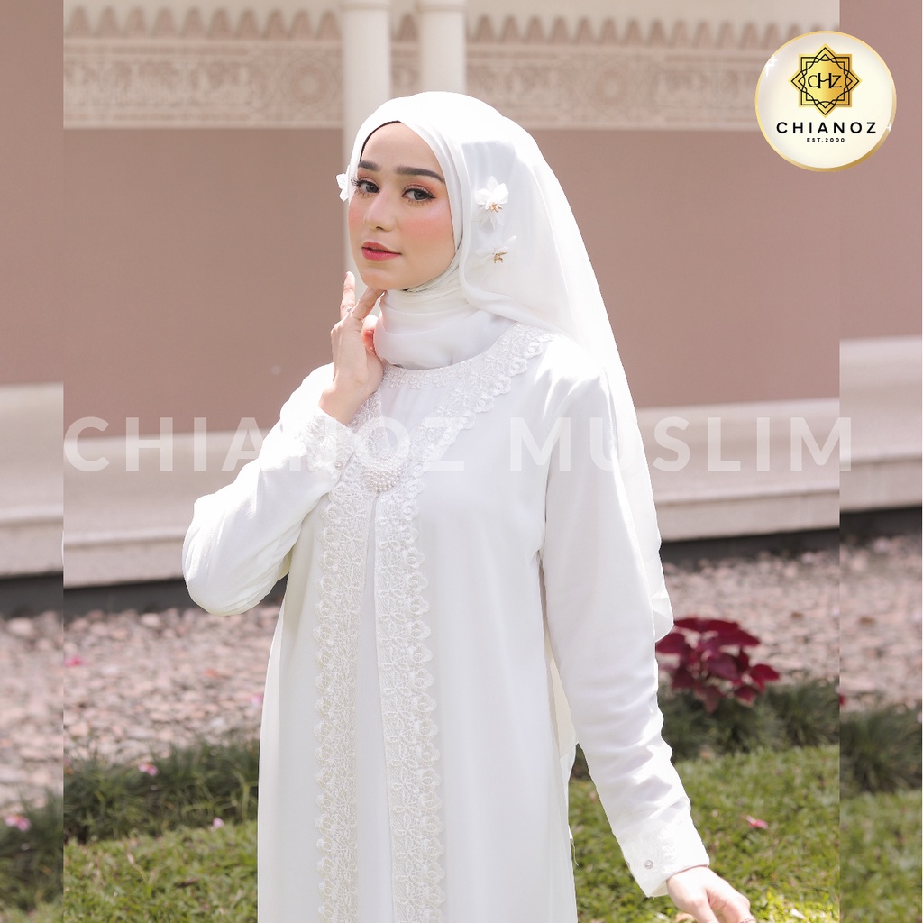 CHIANOZ Gamis Putih Mewah Raisa Dress Brukat Renda Baju Lebaran Umroh Haji Manasik Pesta Akad 905 909