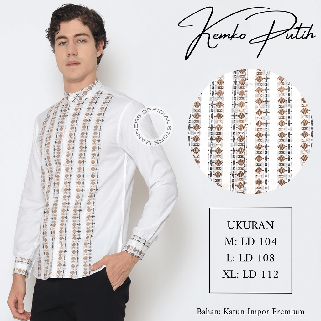 Kemeja Koko Pria Lengan Panjang Katun Premium Warna Putih Gold - Baju Koko Katun Motif Premium