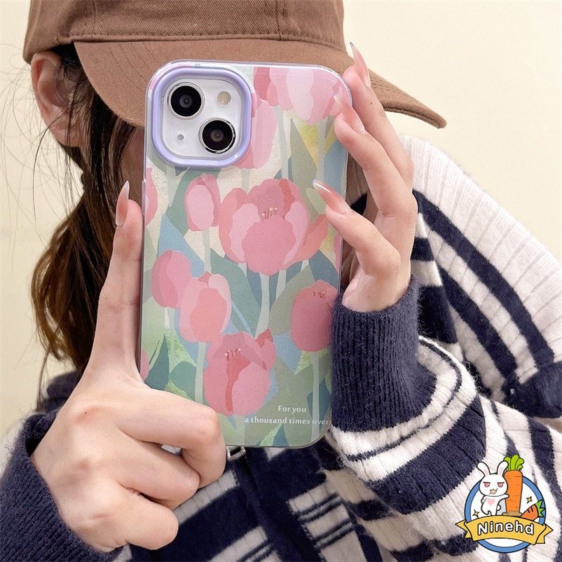 3 In 1 Soft Case Pelindung Lensa Bahan Silikon TPU Motif Bunga Pink Untuk iPhone 13 12 11 Pro Xs Max XR X 6 6s 7 8 Plus Ins Pink Flower Lens Protection Soft Silicone Anti-fall TPU Back Protection Phone Case