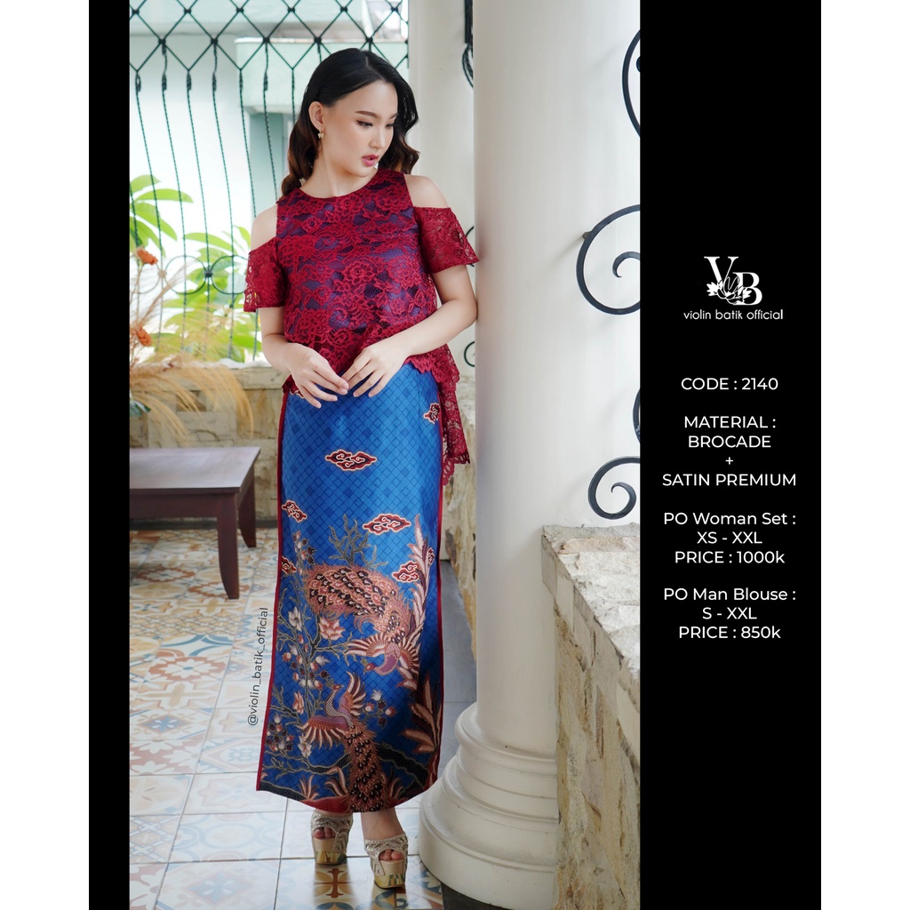 Stelan Brokat Merah Biru Batik Satin Rok Panjang 2140