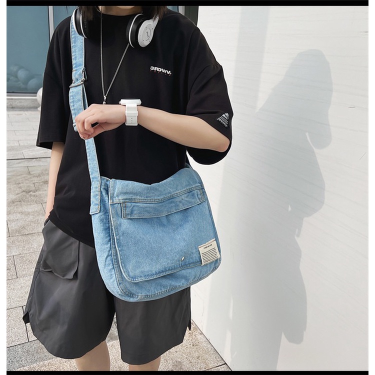 Keno Denim Korean Jeans Slingbag Kasual Plain Unisex -Tas Wanita Pria Casual Import Medium size Streetstyle