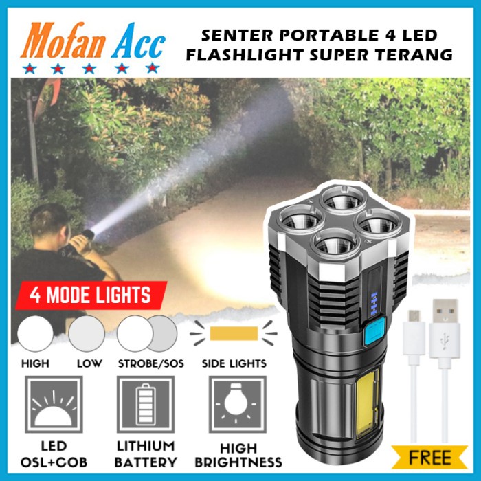 senter   Senter 4 LED + COB Light Super Terang L-S03 Senter Rechargeable 4 Mode