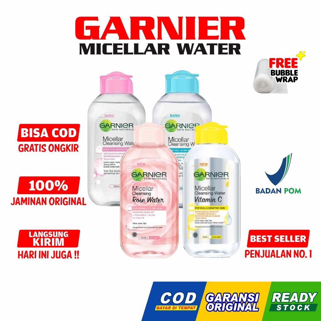 Garnier Micellar Water Oil Infused | Vit C Brightening | Rose | Blue Pink | Pembersih Wajah 125ml