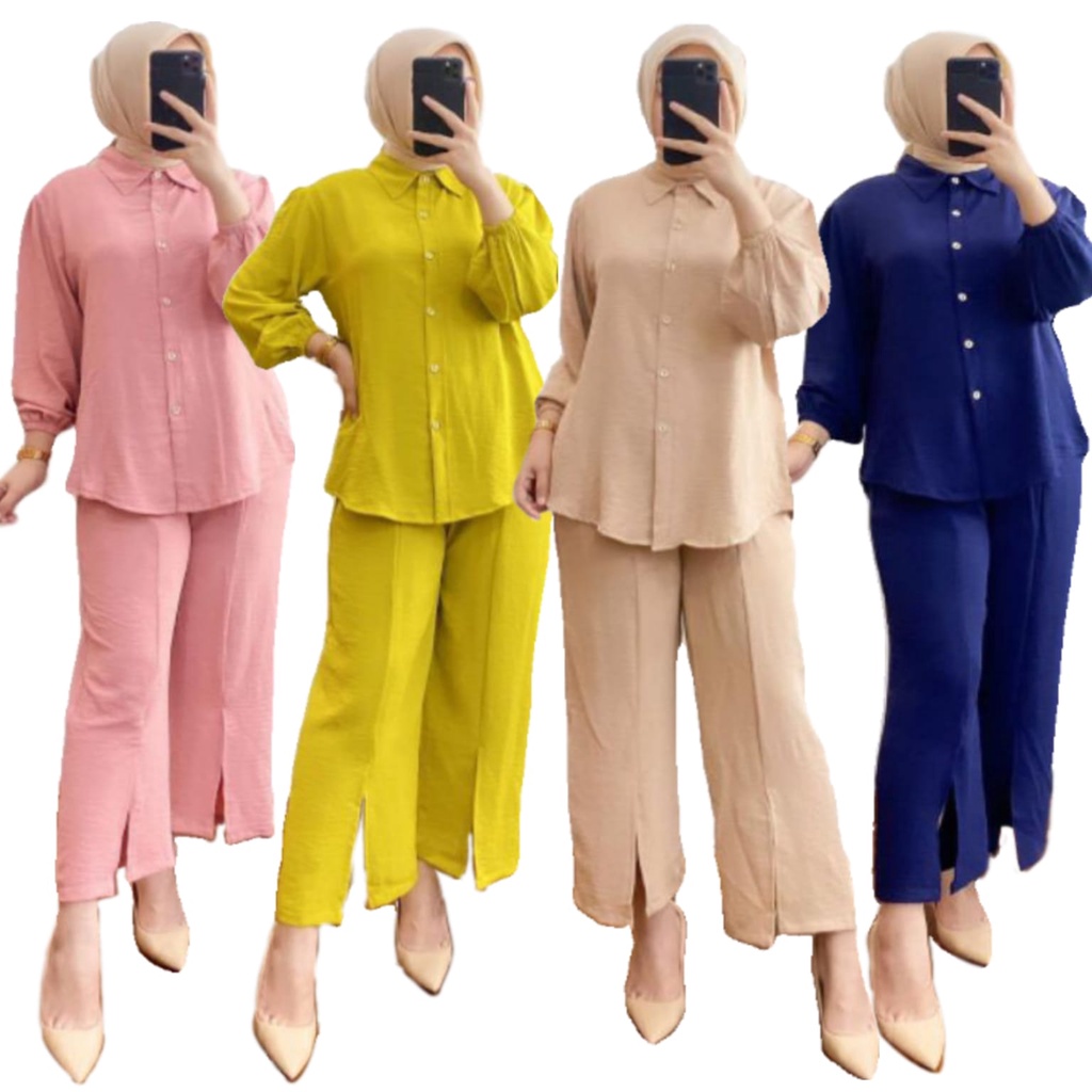 Setelan Polos Cringkle Airflow Premium - One Set Moza Blouse Dan Kulot Kekinan