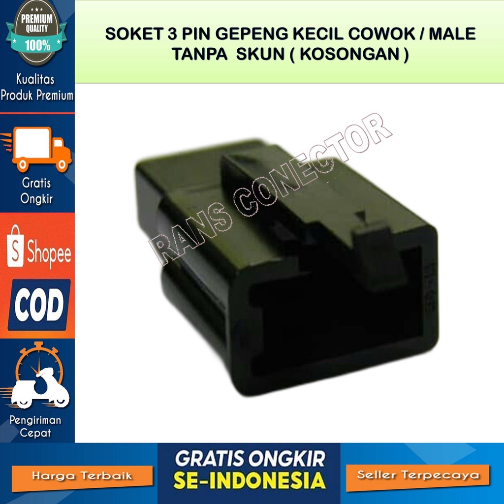 Soket kabel / konektor kabel Motor Mobil 3 Pin kecil male hitam - Soket Kabel Gepeng 3 Pin kecil