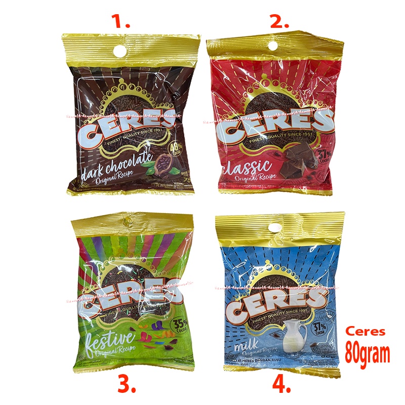 

Ceres 80gram Dark Chocolate Classic Festive Milk Biru Ceress Toping Roti Hiasan Kue Meses Isian Roti Bakar Martabak Meises Cerez Coklat Tabur