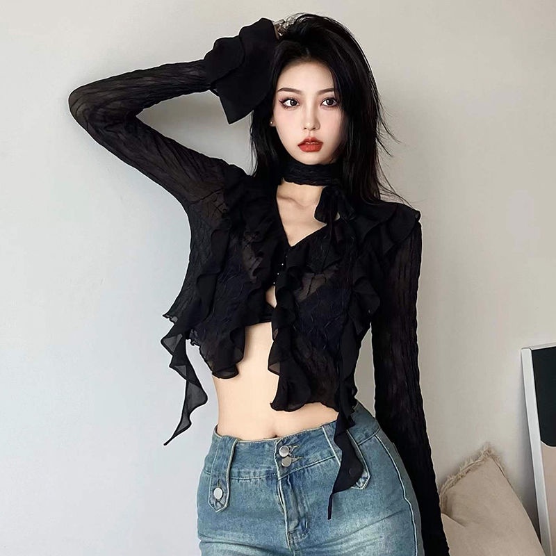 Red Adik kerajaan gaya suasana hitam ruffles jahitan V-neck lengan panjang T-shirt jantung mesin mesh perspektif slim chic top